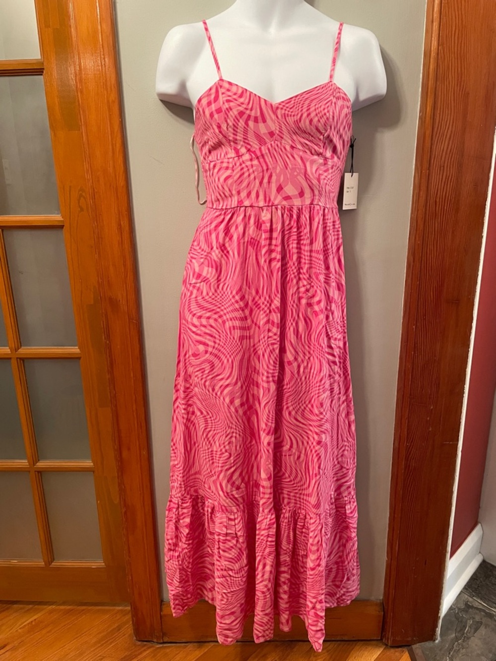 ⭐️NWT JAPNA Pink Print Sweetheart Shirred-Back Full A-Line Coquette Maxi Dress